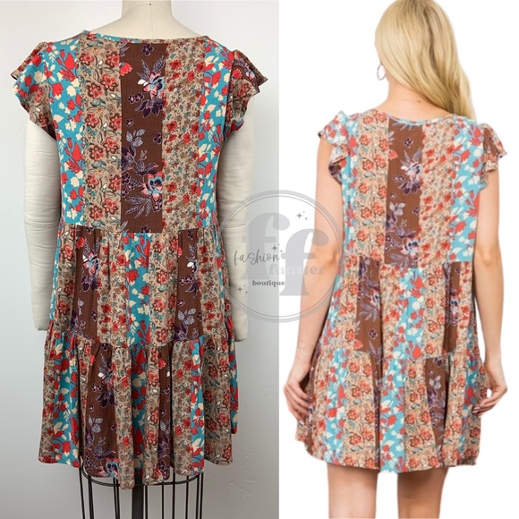 Blue B Patchwork Flutter Sleeve Floral Print Short Tiered Mini Swing Tunic Dress - Picture 10 of 15